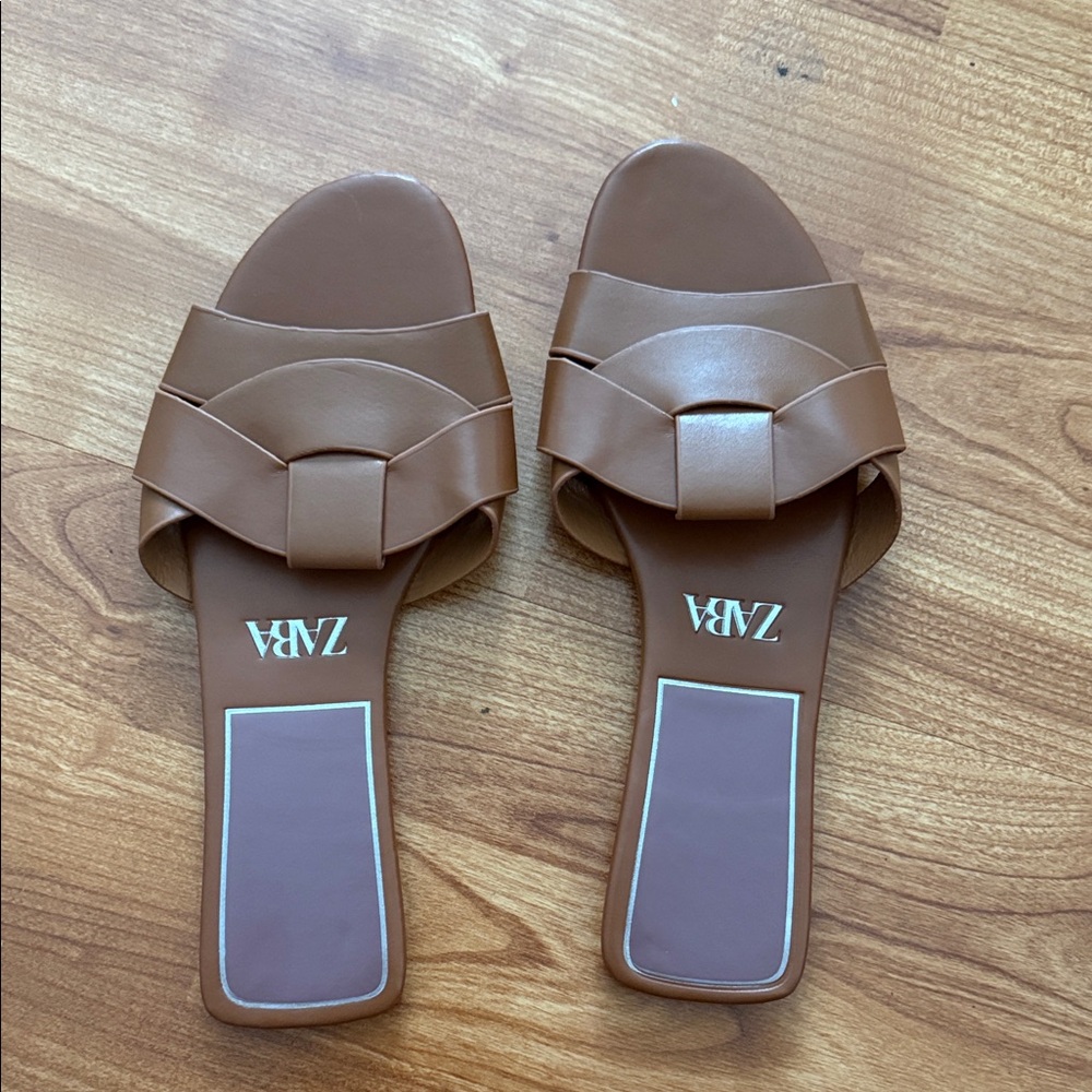 ZARA Tan Woven-Style Slide Mules